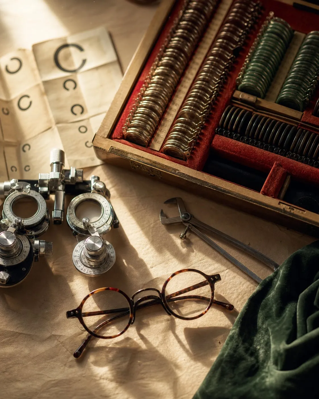 An optician's trial lens case, a trial frame and a pair of round glasses on warm paper, next to a Landolt C eye chart