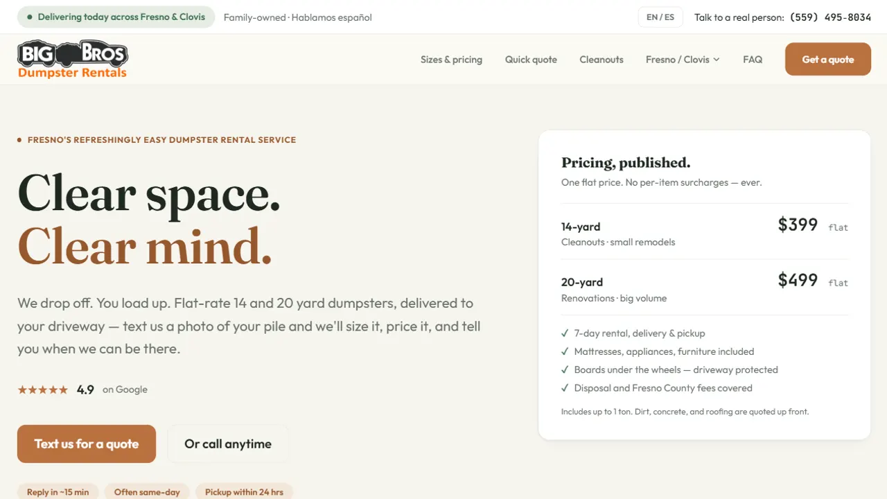 Screenshot of the Big Bros Dumpster Rentals homepage: flat-rate 14 and 20 yard dumpster prices and a text-for-a-quote button