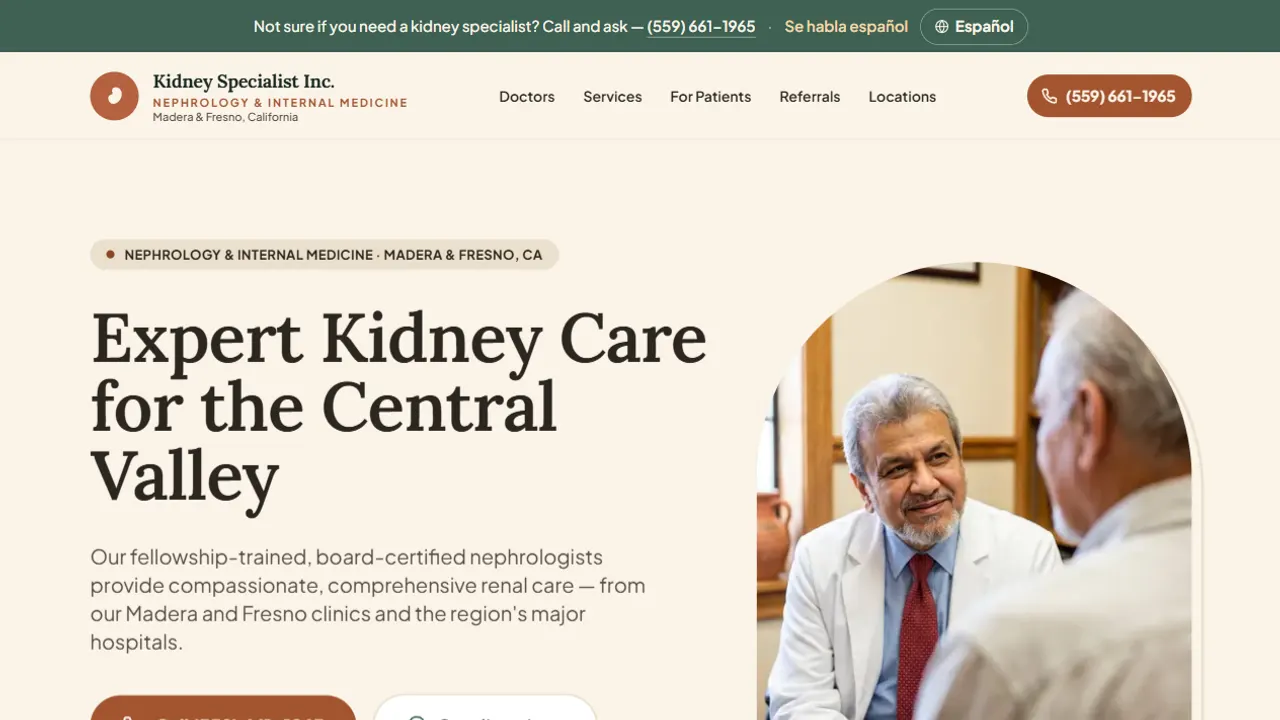 Screenshot of the Kidney Specialist Inc. homepage: Expert Kidney Care for the Central Valley, with a call button and Spanish toggle